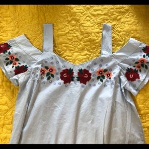 Francesca’s blue cold shoulder embroidered dress